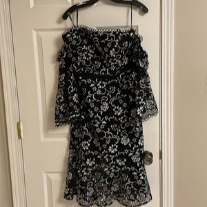 Fitted unique black and white lace dress.